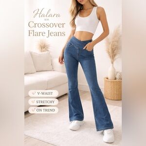 Halara Flex™ Crossover Waist Flare Jeans High Waisted Stretch Denim Pants Petite